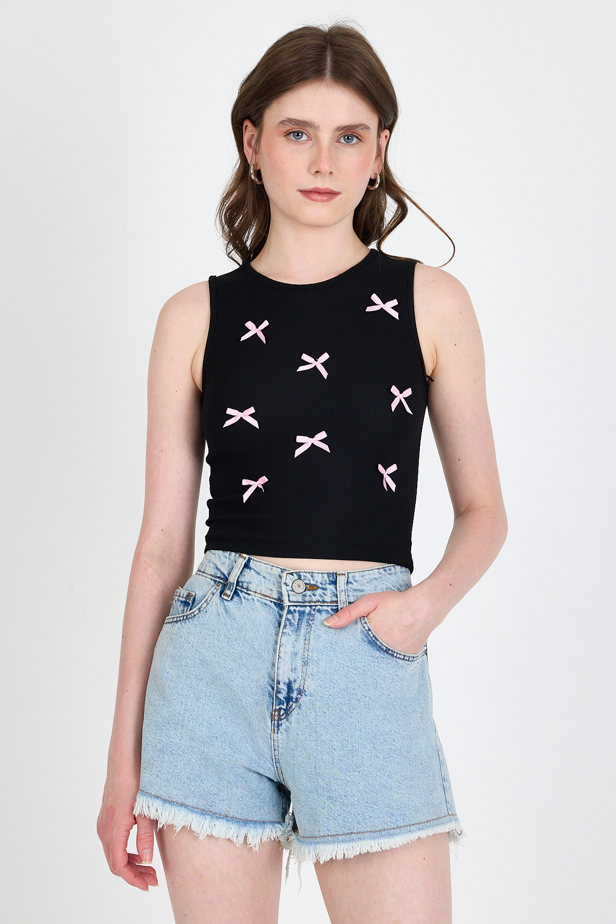 Syah Fiyonk İşlemeli Crop Örme Atlet 0849 - RAYS