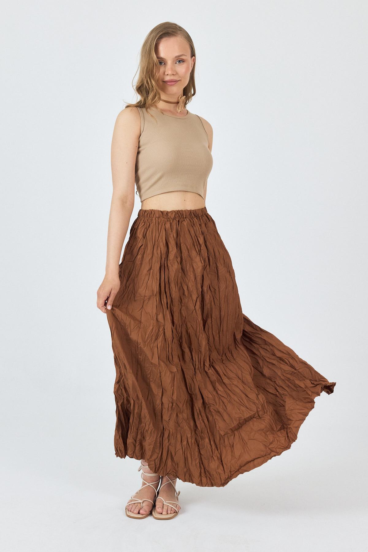 Taba Bel Lastikli Kırışık Kumaş Etek 3483 - 6