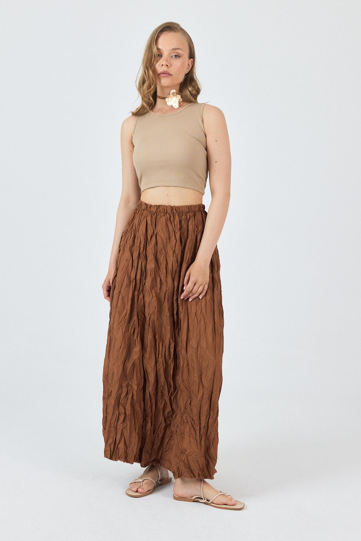 Taba Bel Lastikli Kırışık Kumaş Etek 3483 - 1