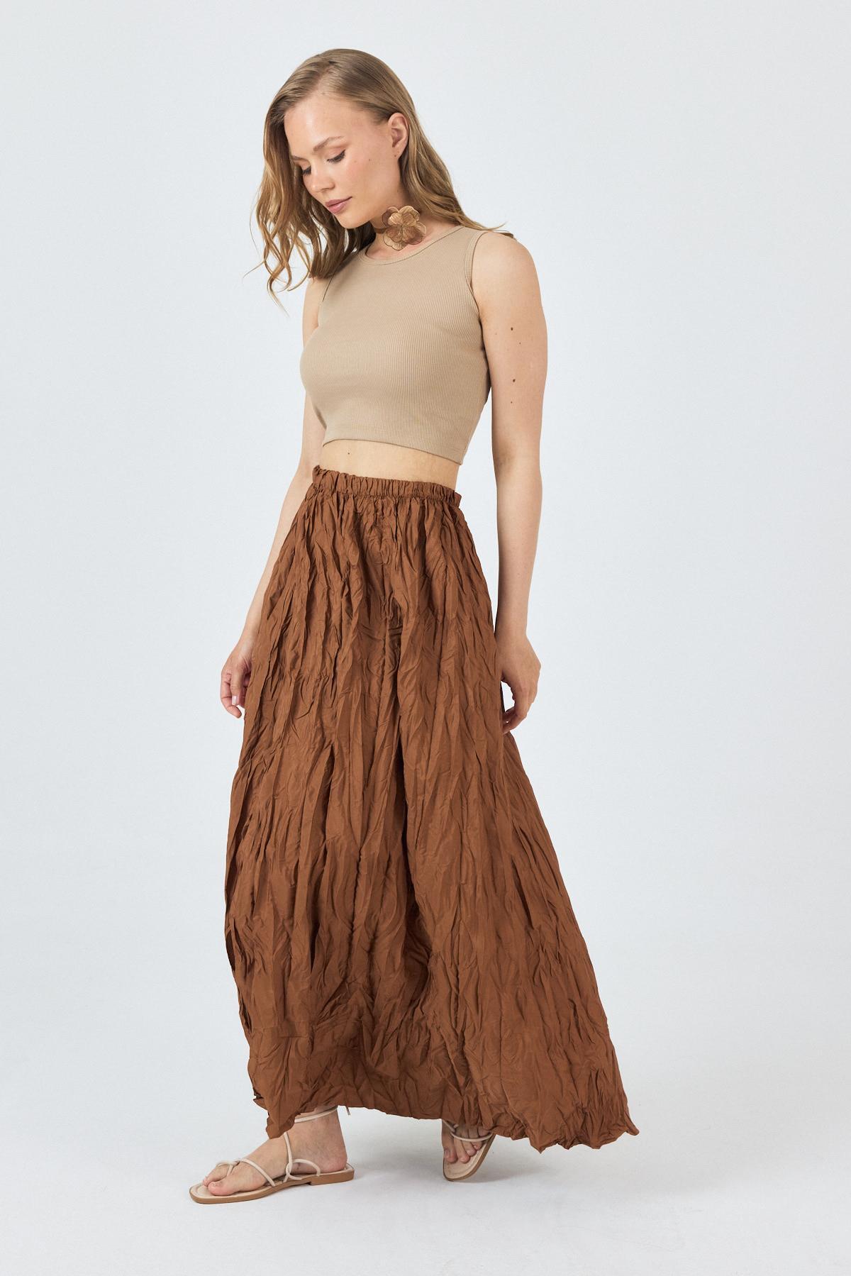 Taba Bel Lastikli Kırışık Kumaş Etek 3483 - 8