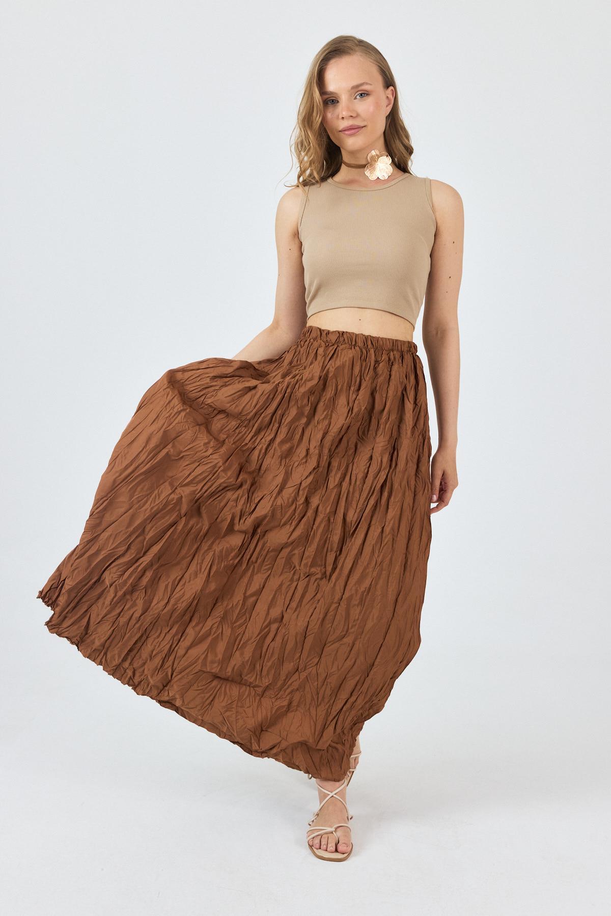 Taba Bel Lastikli Kırışık Kumaş Etek 3483 - 2