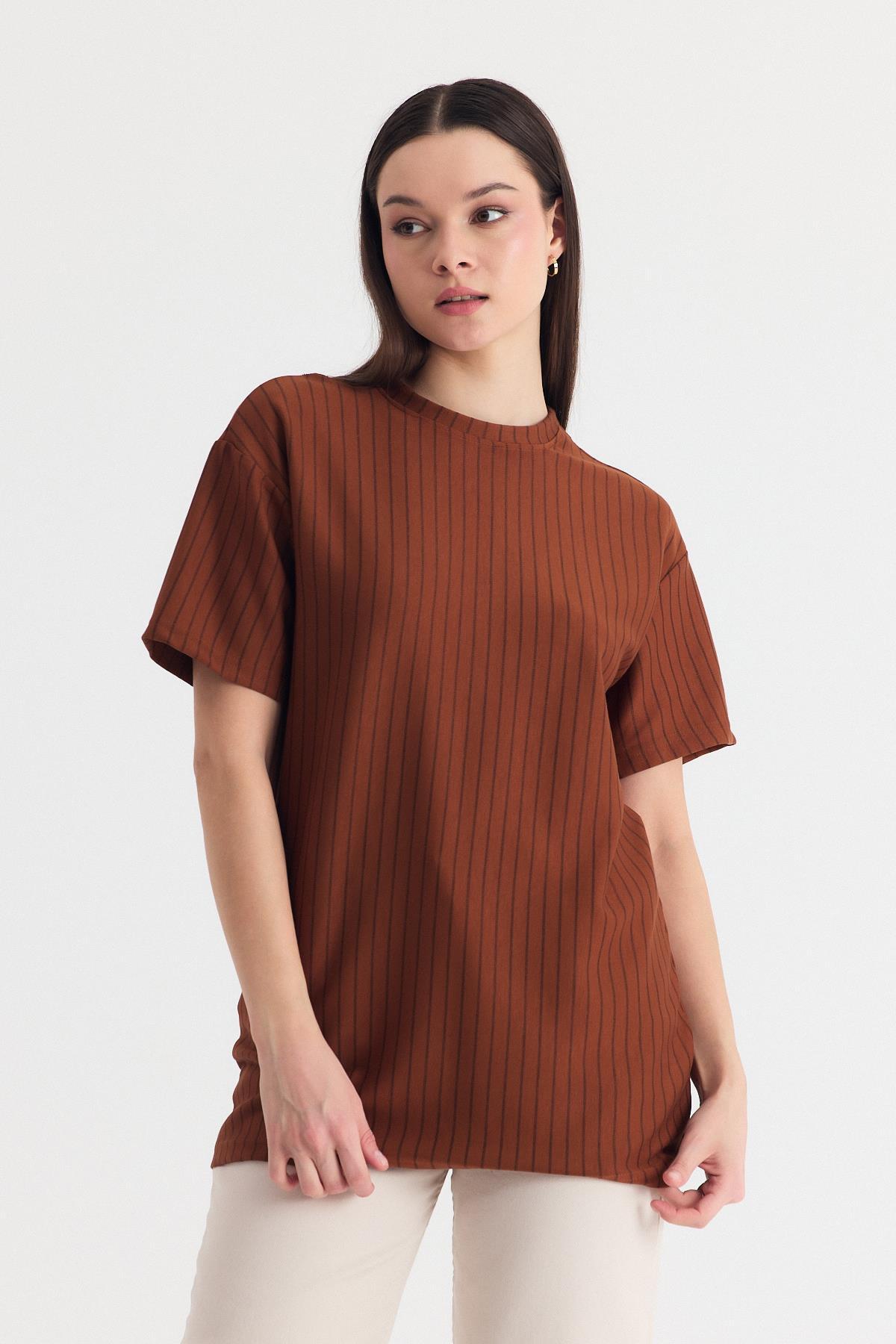 Taba Çizgili Oversize Tişört 4447A - 1