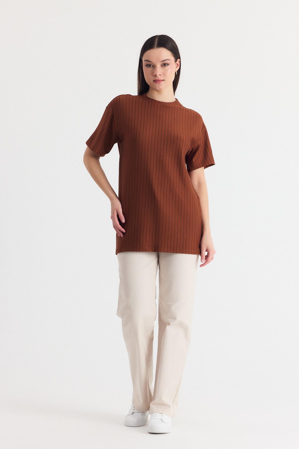 Taba Çizgili Oversize Tişört 4447A - 8