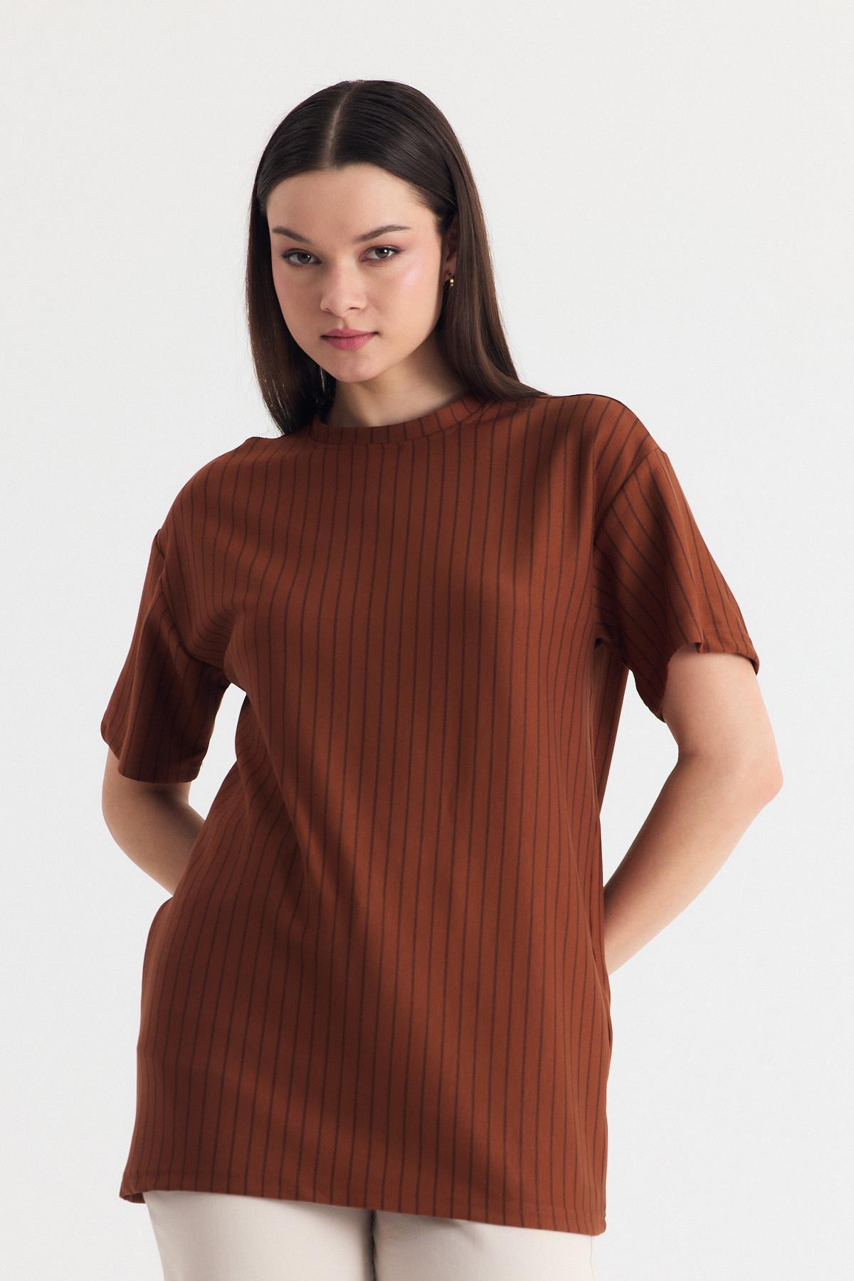 Taba Çizgili Oversize Tişört 4447A - 3