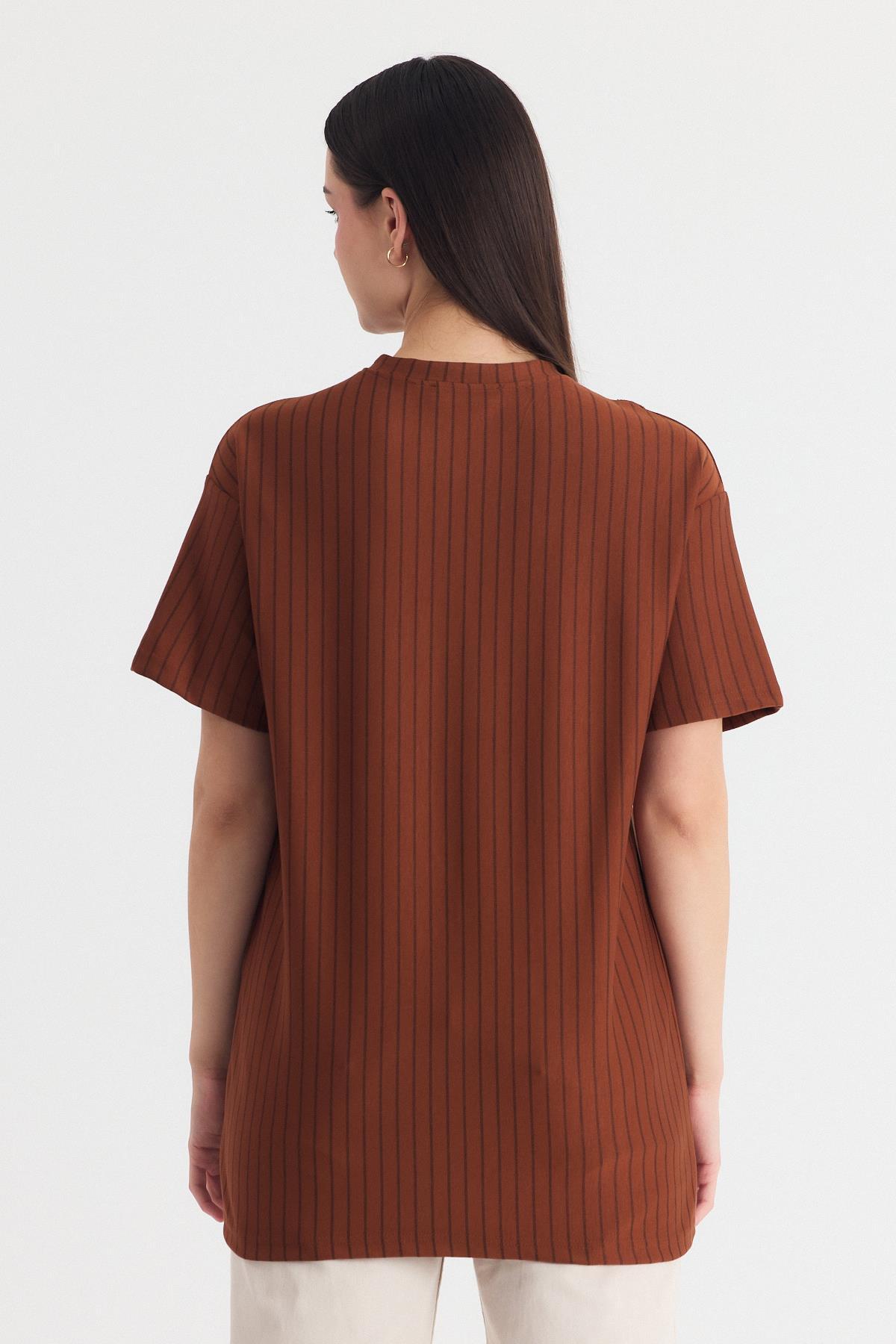 Taba Çizgili Oversize Tişört 4447A - 5
