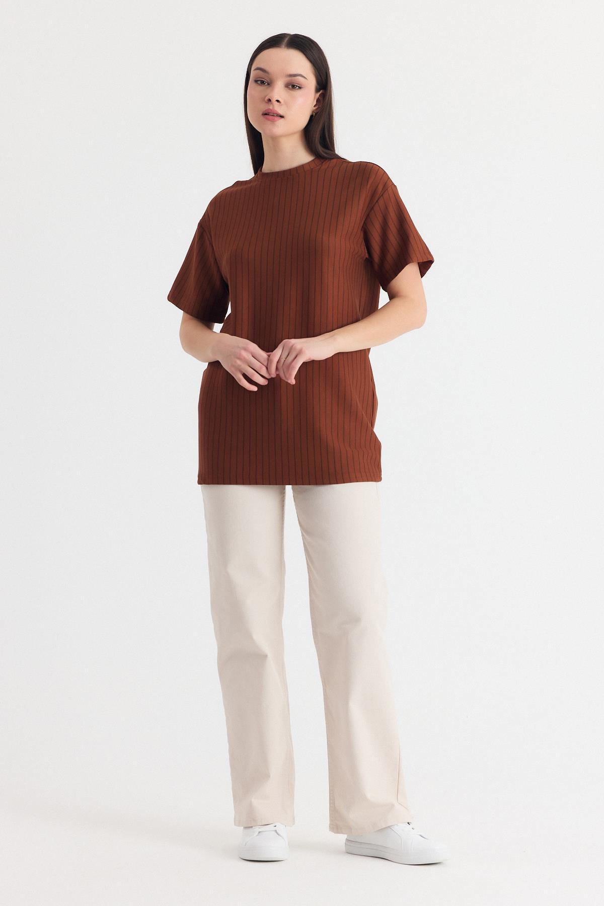 Taba Çizgili Oversize Tişört 4447A - 2