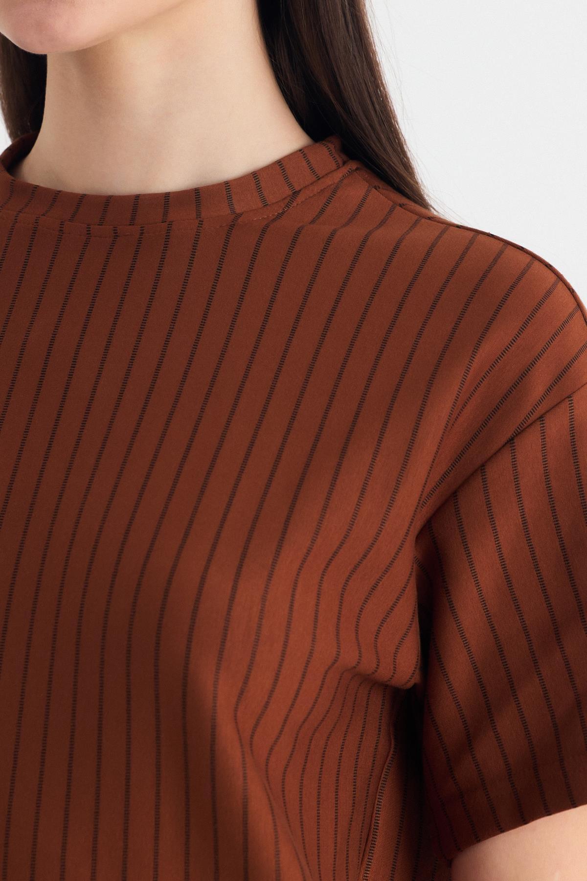 Taba Çizgili Oversize Tişört 4447A - 4