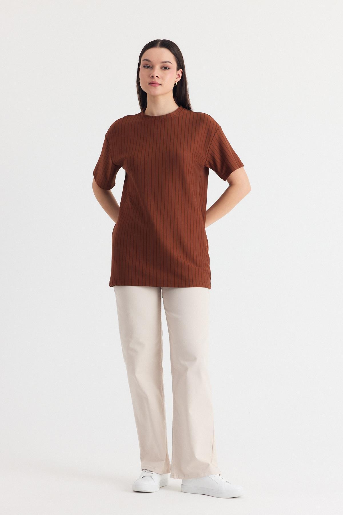 Taba Çizgili Oversize Tişört 4447A - 6