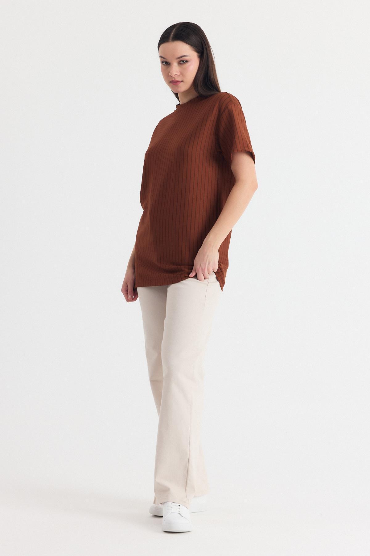 Taba Çizgili Oversize Tişört 4447A - 7