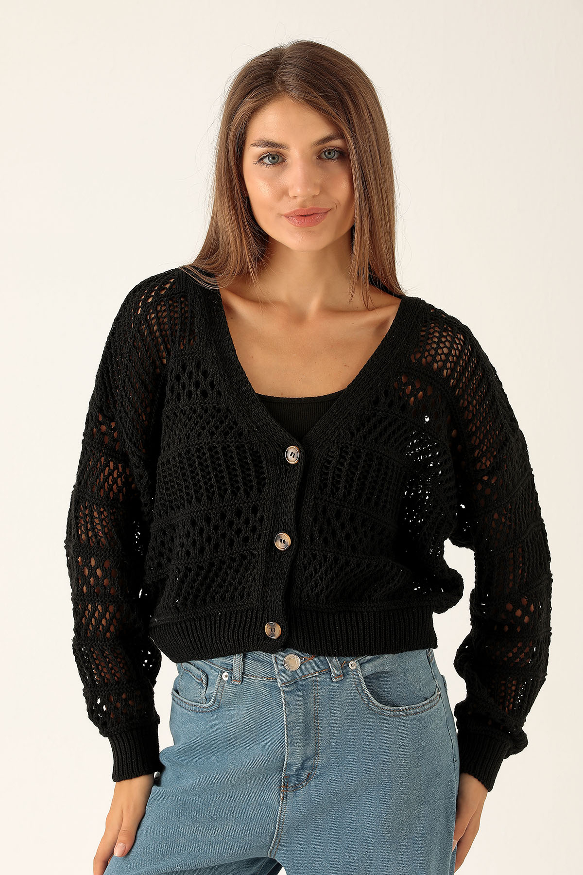 Tahta Düğmeli Bayan Hırka - 1520 Siyah - 2