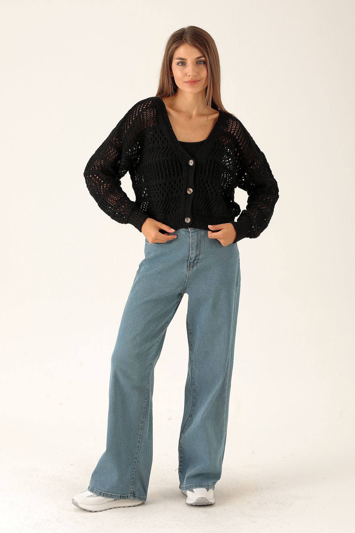 Tahta Düğmeli Bayan Hırka - 1520 Siyah - 4