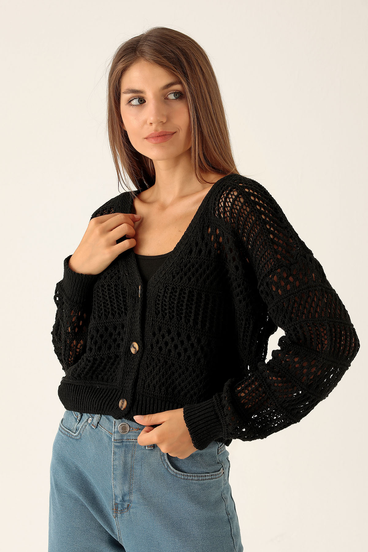 Tahta Düğmeli Bayan Hırka - 1520 Siyah - 1