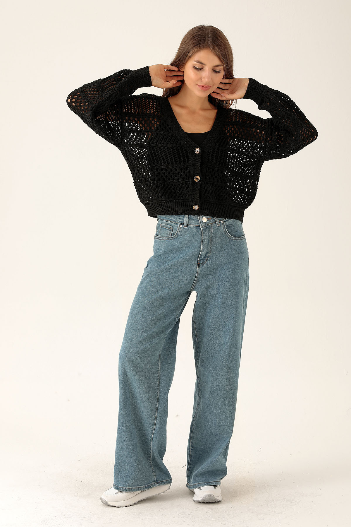 Tahta Düğmeli Bayan Hırka - 1520 Siyah - 5