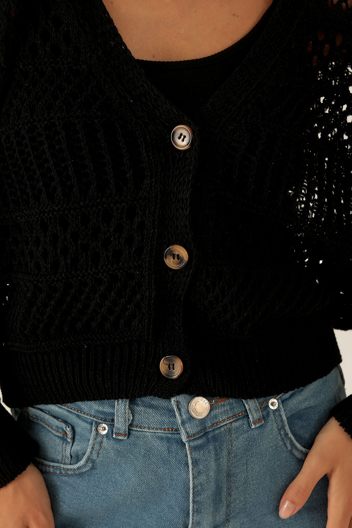 Tahta Düğmeli Bayan Hırka - 1520 Siyah - 6