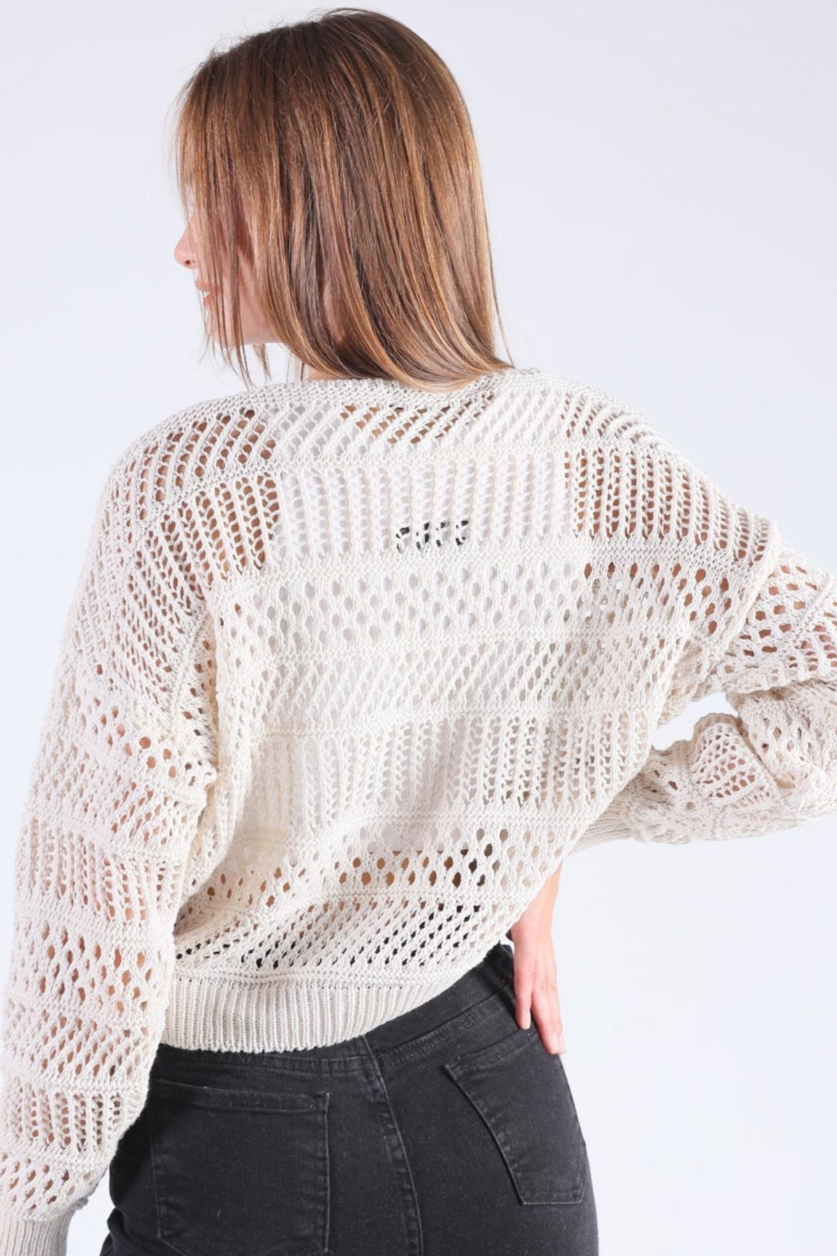 Tahta Düğmeli Bayan Hırka - 1520 Taş - 4