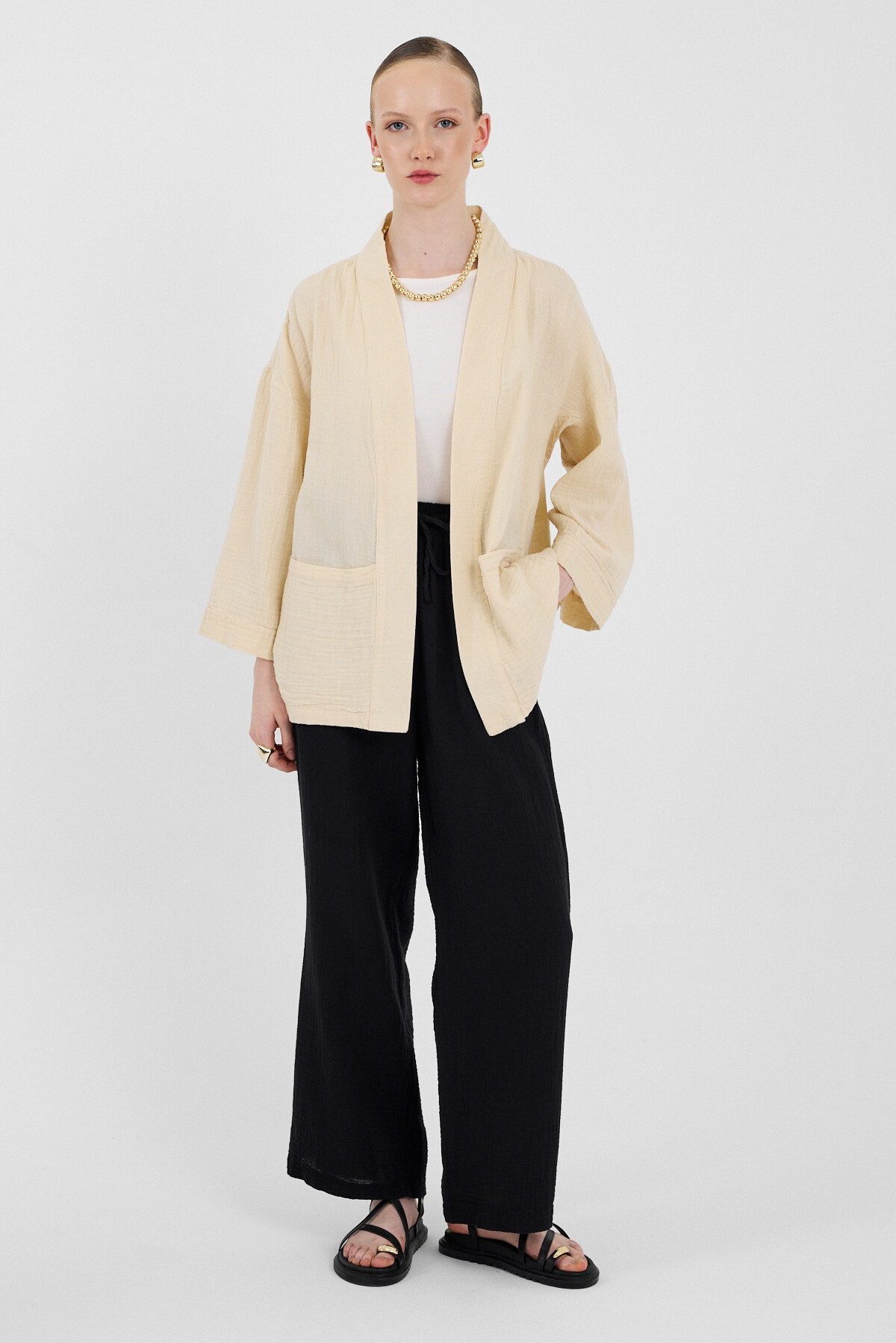 Taş %100 Pamuk Ceplİ Müslin Kimono 8065A - 3