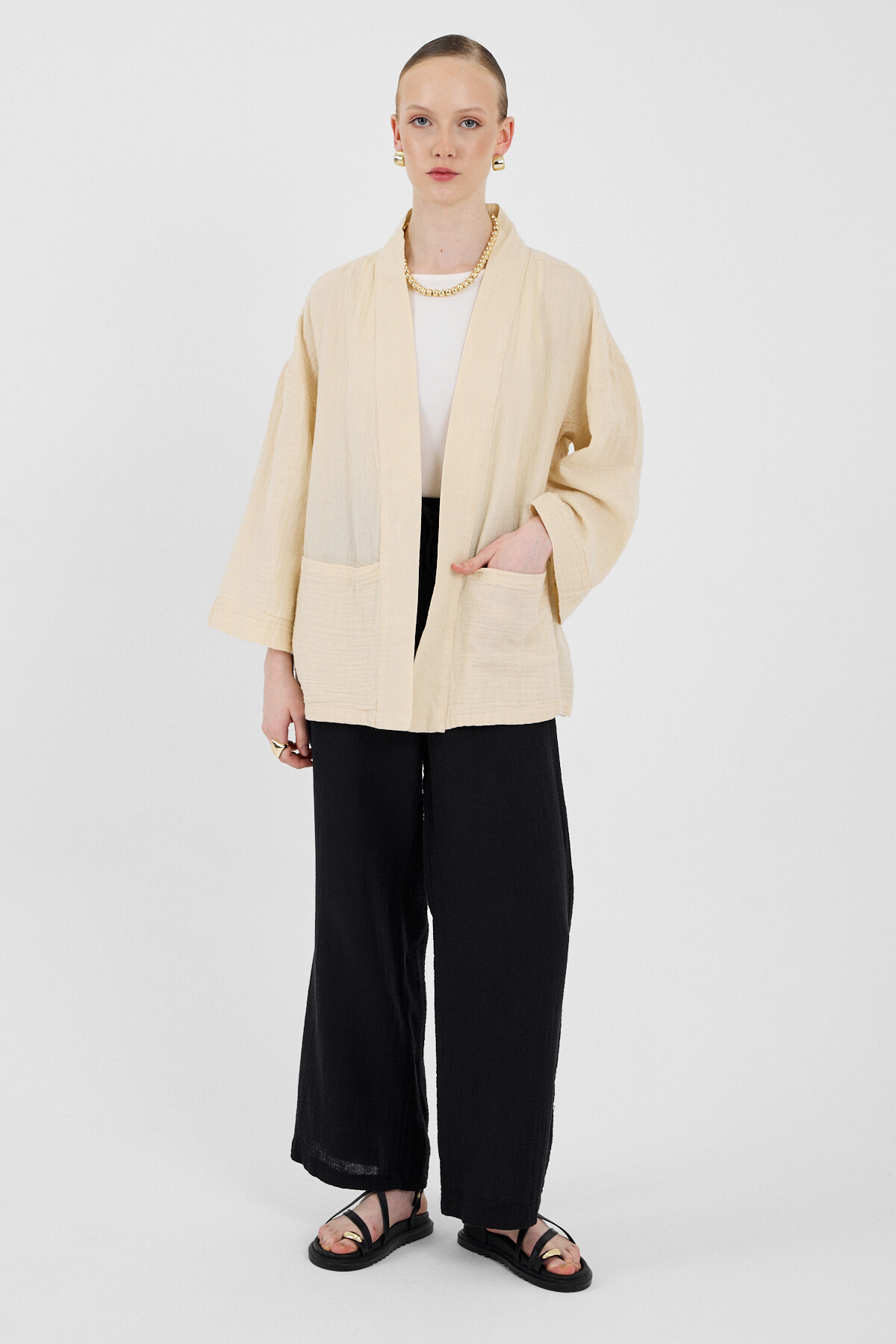 Taş %100 Pamuk Ceplİ Müslin Kimono 8065A - 4