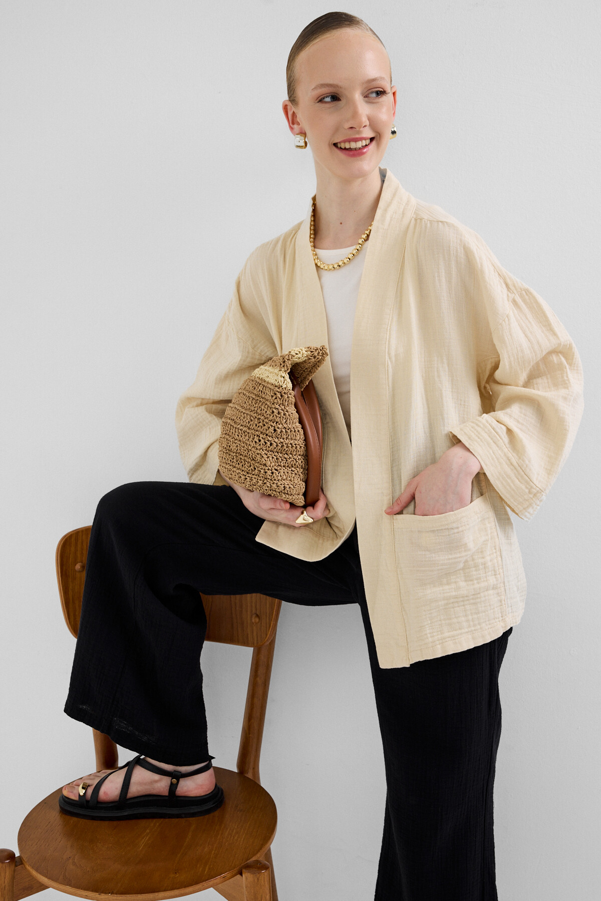 Taş %100 Pamuk Ceplİ Müslin Kimono 8065A - 1