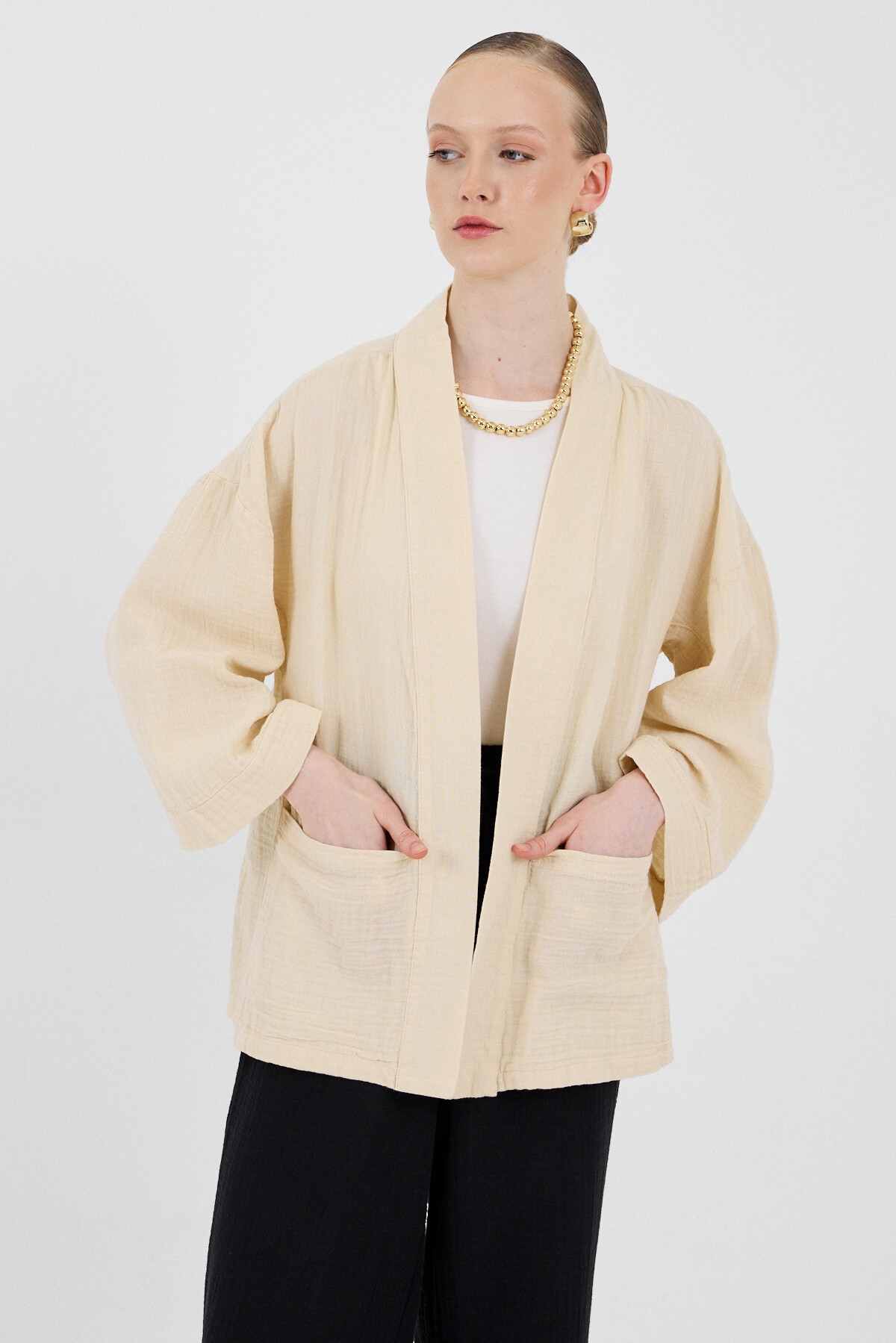 Taş %100 Pamuk Ceplİ Müslin Kimono 8065A - 2