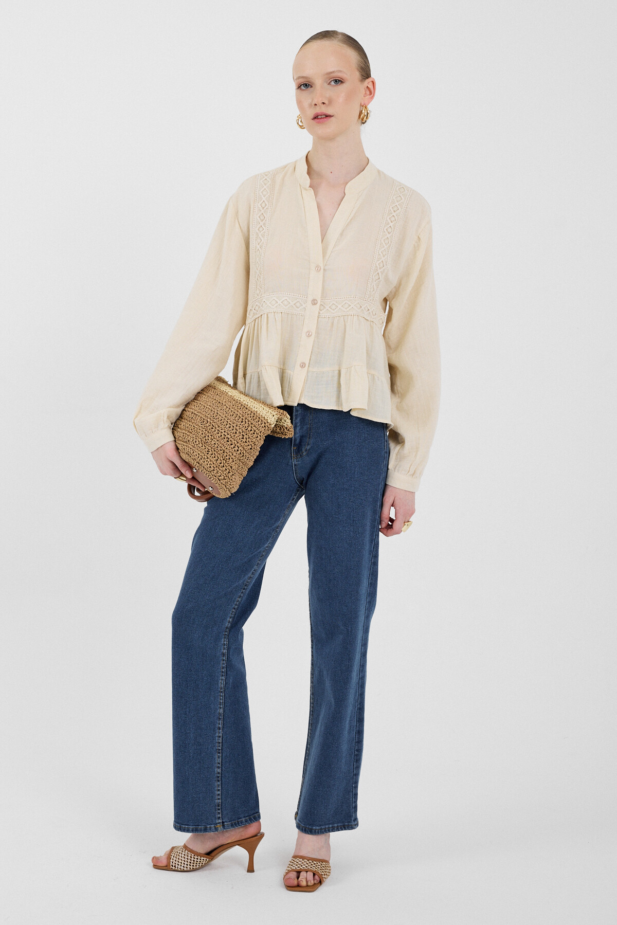 Taş %100 Pamuk Dantel Detaylı Müslin Gömlek 4823A - RAYS