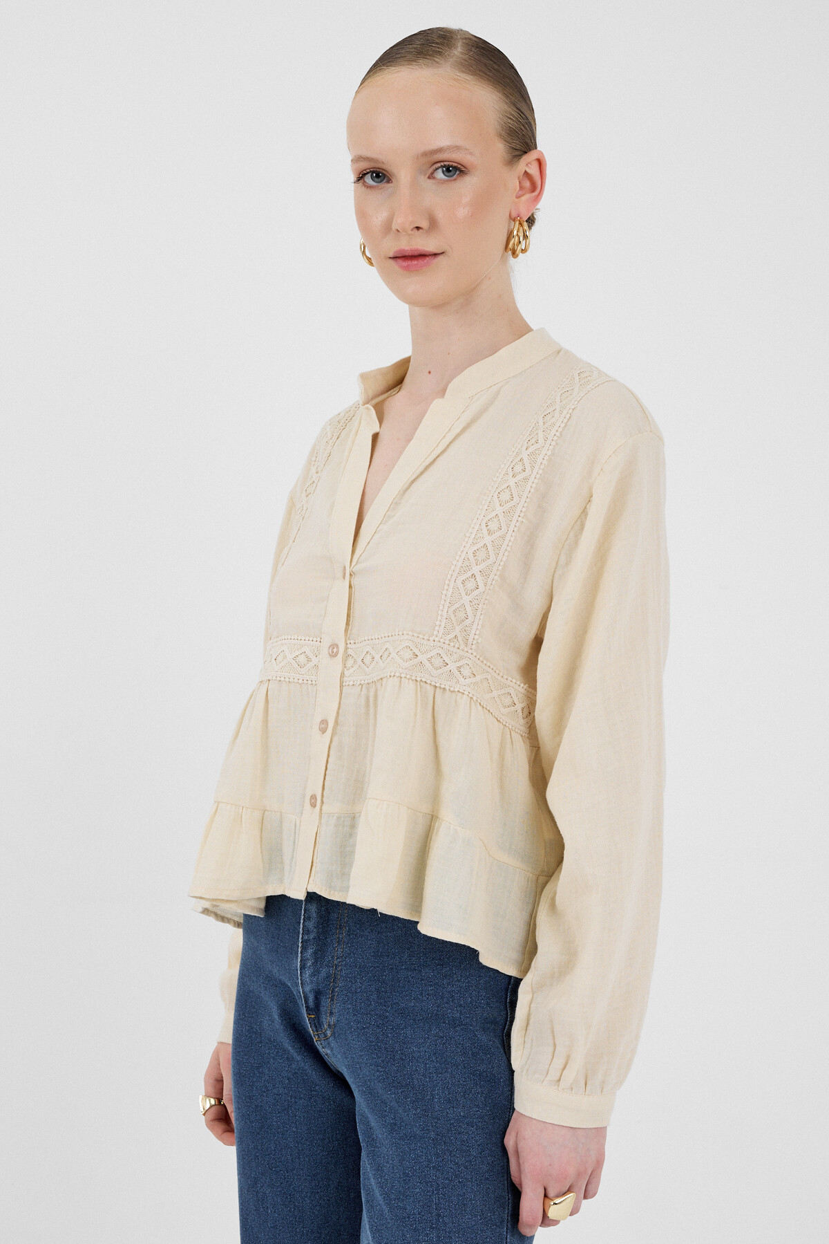 Taş %100 Pamuk Dantel Detaylı Müslin Gömlek 4823A - RAYS