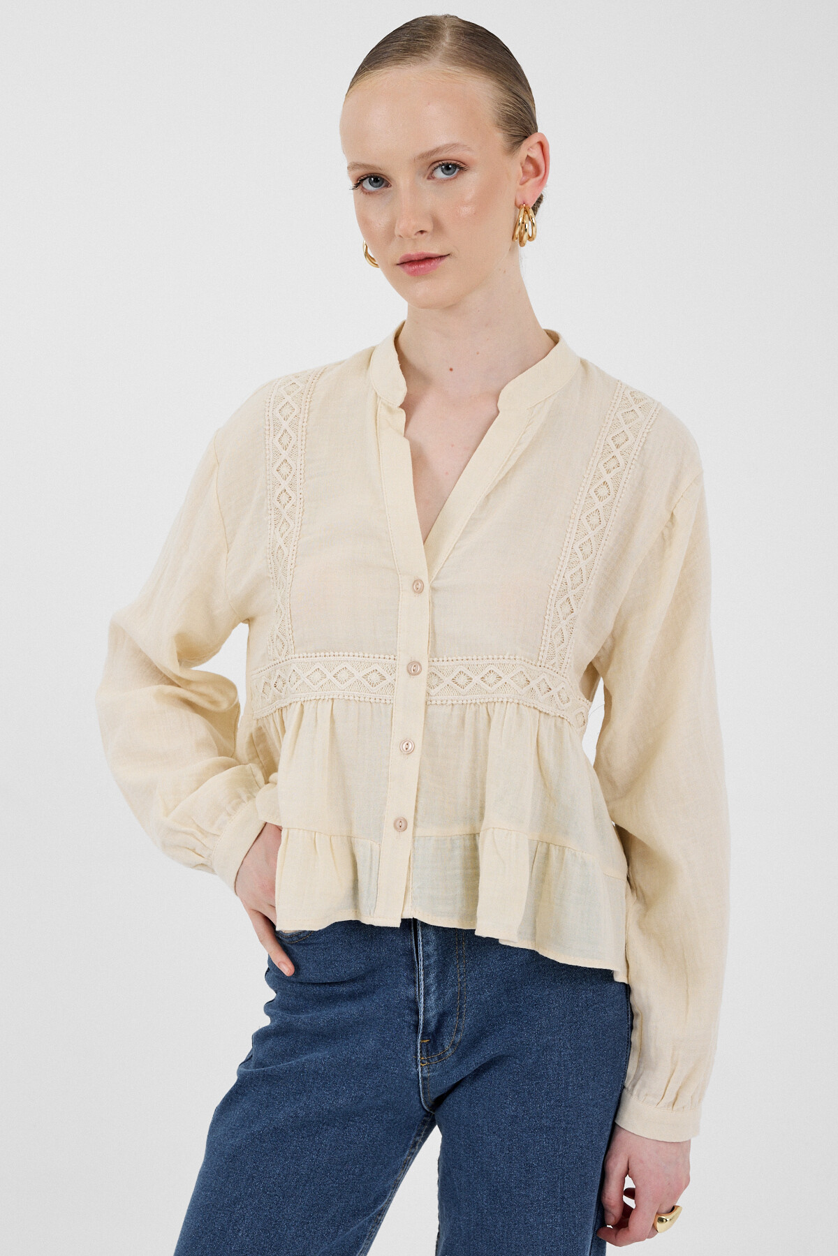 Taş %100 Pamuk Dantel Detaylı Müslin Gömlek 4823A - 6