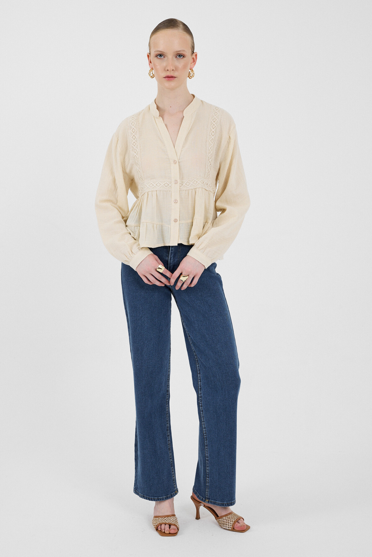 Taş %100 Pamuk Dantel Detaylı Müslin Gömlek 4823A - 7