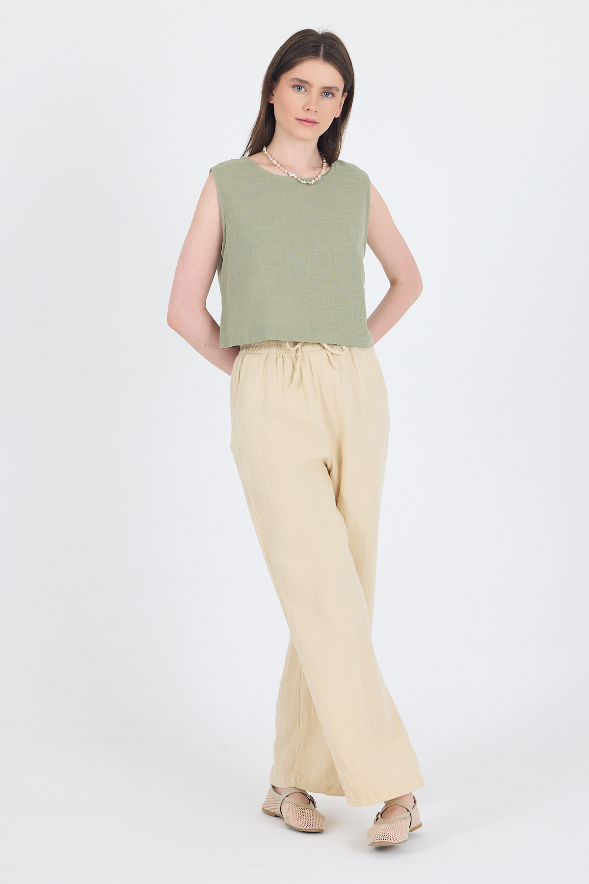 Taş %100 Pamuk Müslin Palazzo/Bol Paça Pantolon 8056A - 2