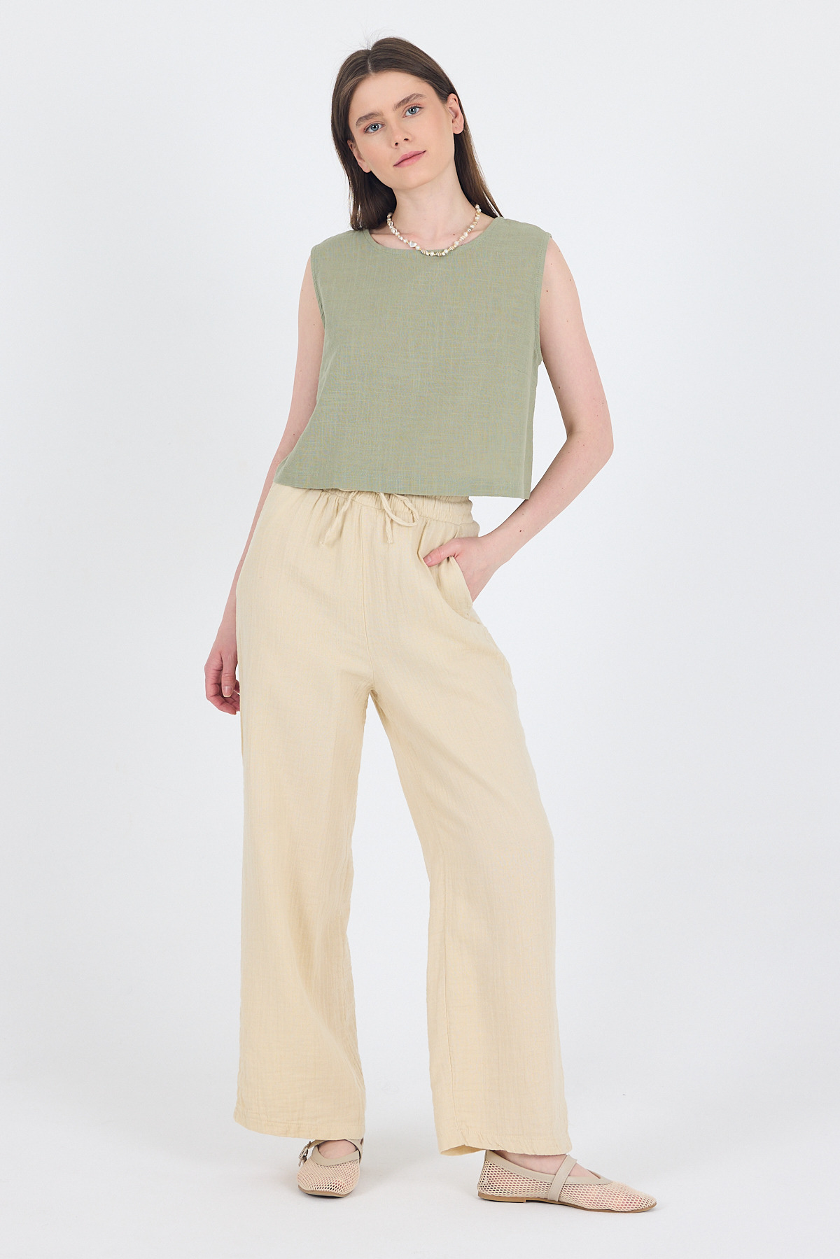 Taş %100 Pamuk Müslin Palazzo/Bol Paça Pantolon 8056A - 3