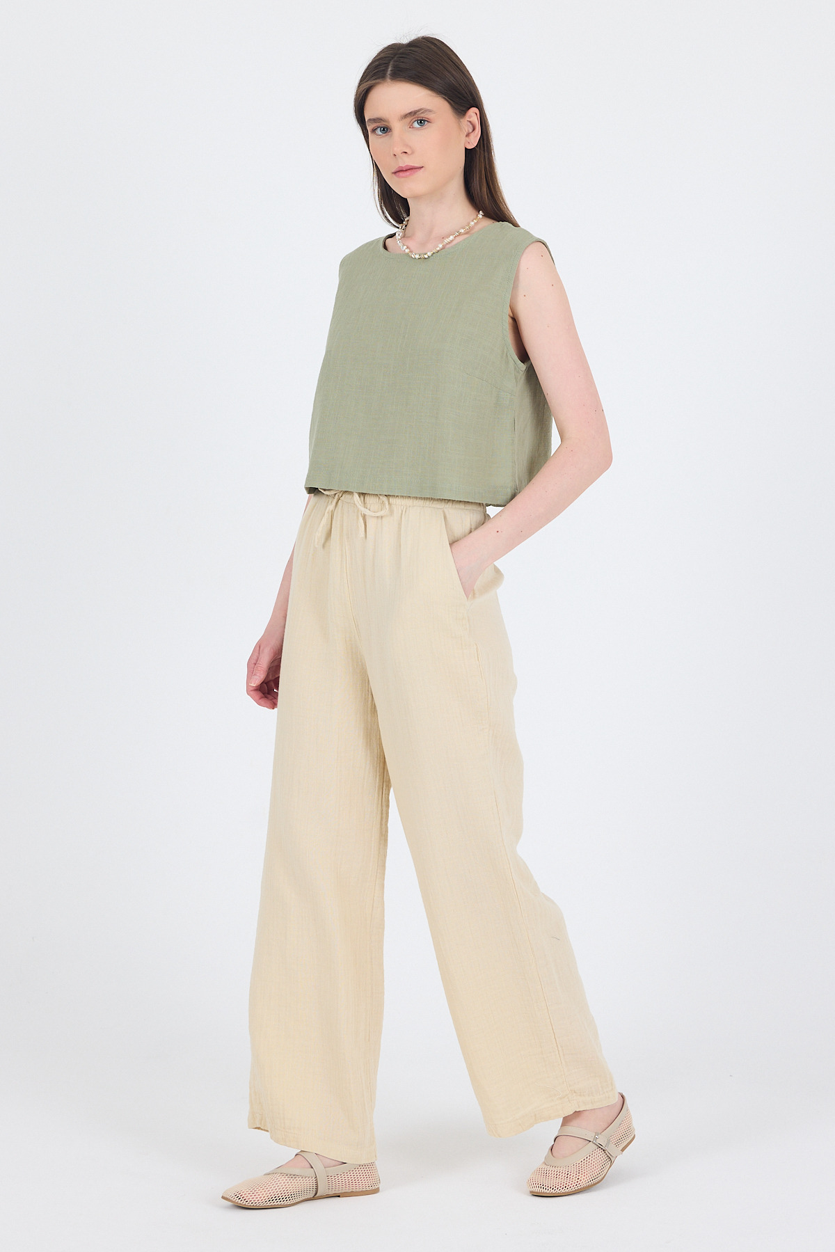 Taş %100 Pamuk Müslin Palazzo/Bol Paça Pantolon 8056A 