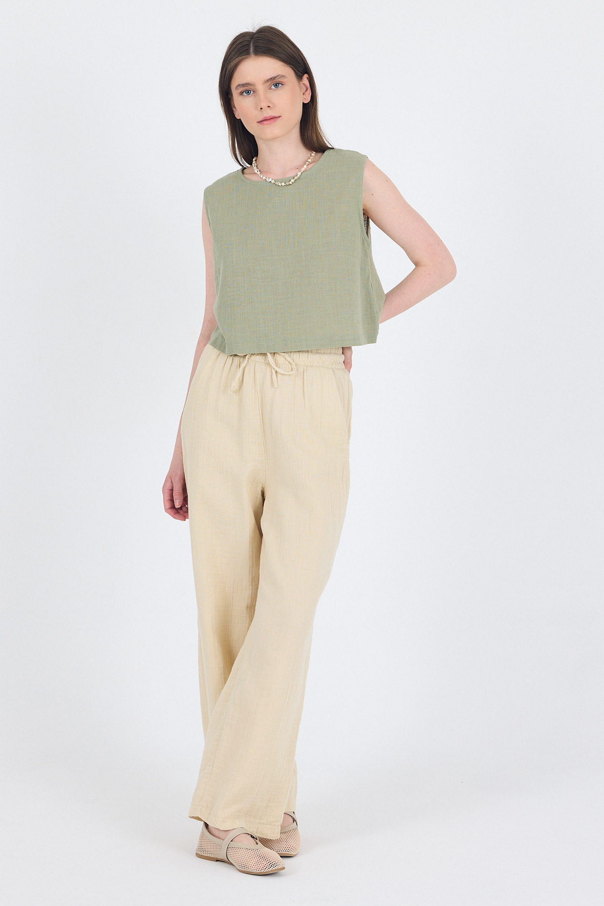 Taş %100 Pamuk Müslin Palazzo/Bol Paça Pantolon 8056A - 7