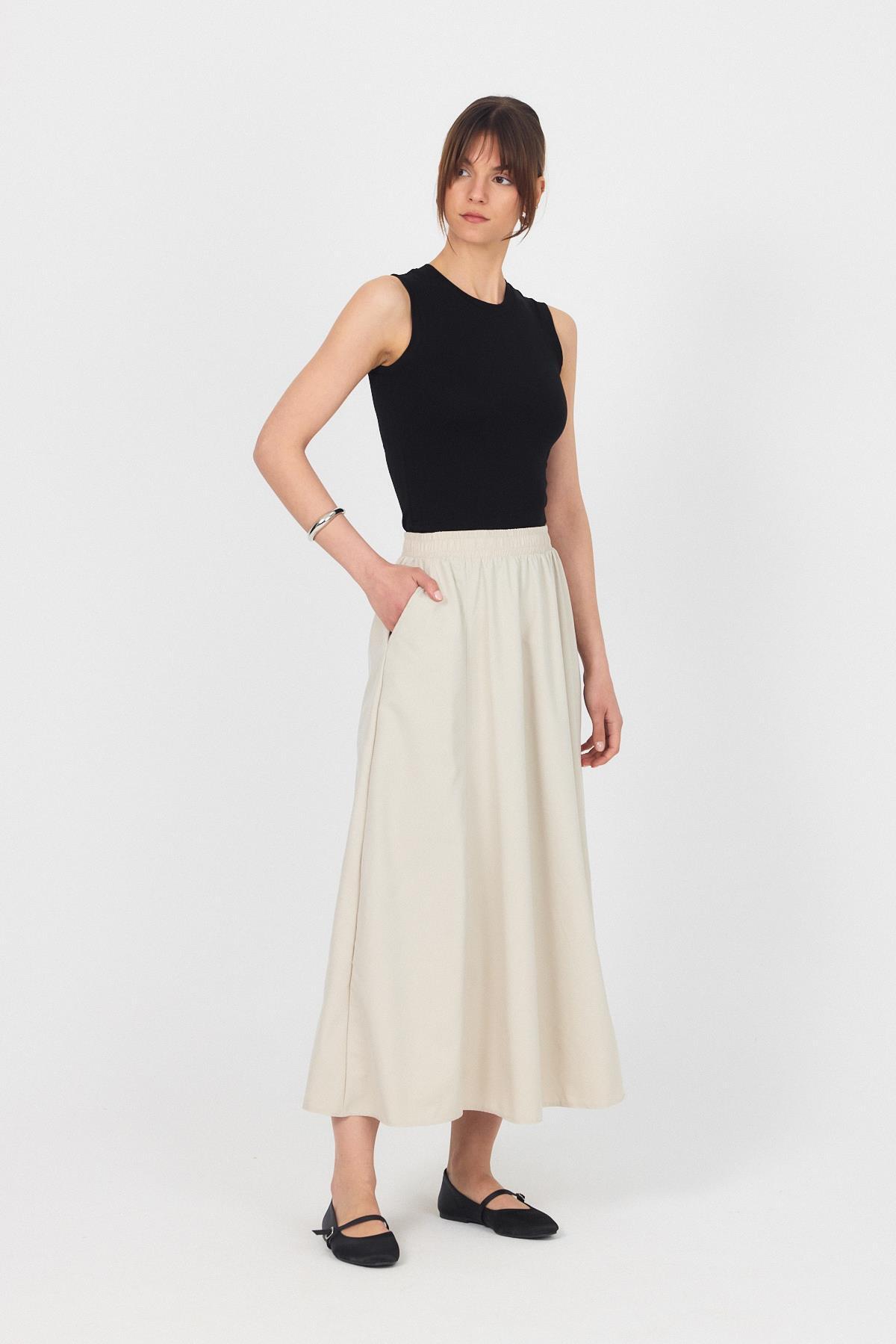 Taş Bel Lastikli Cepli Kloş Etek 4747A - 6