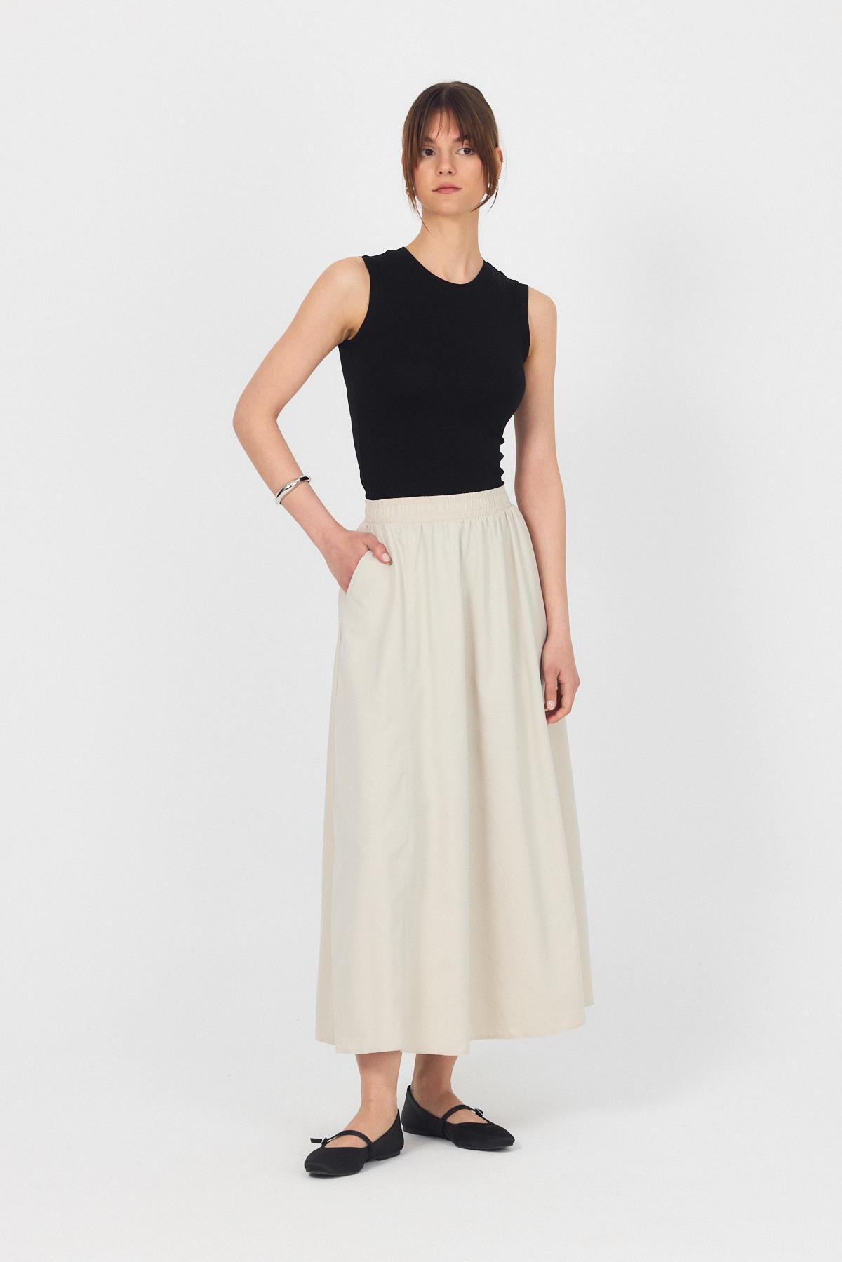 Taş Bel Lastikli Cepli Kloş Etek 4747A - 4