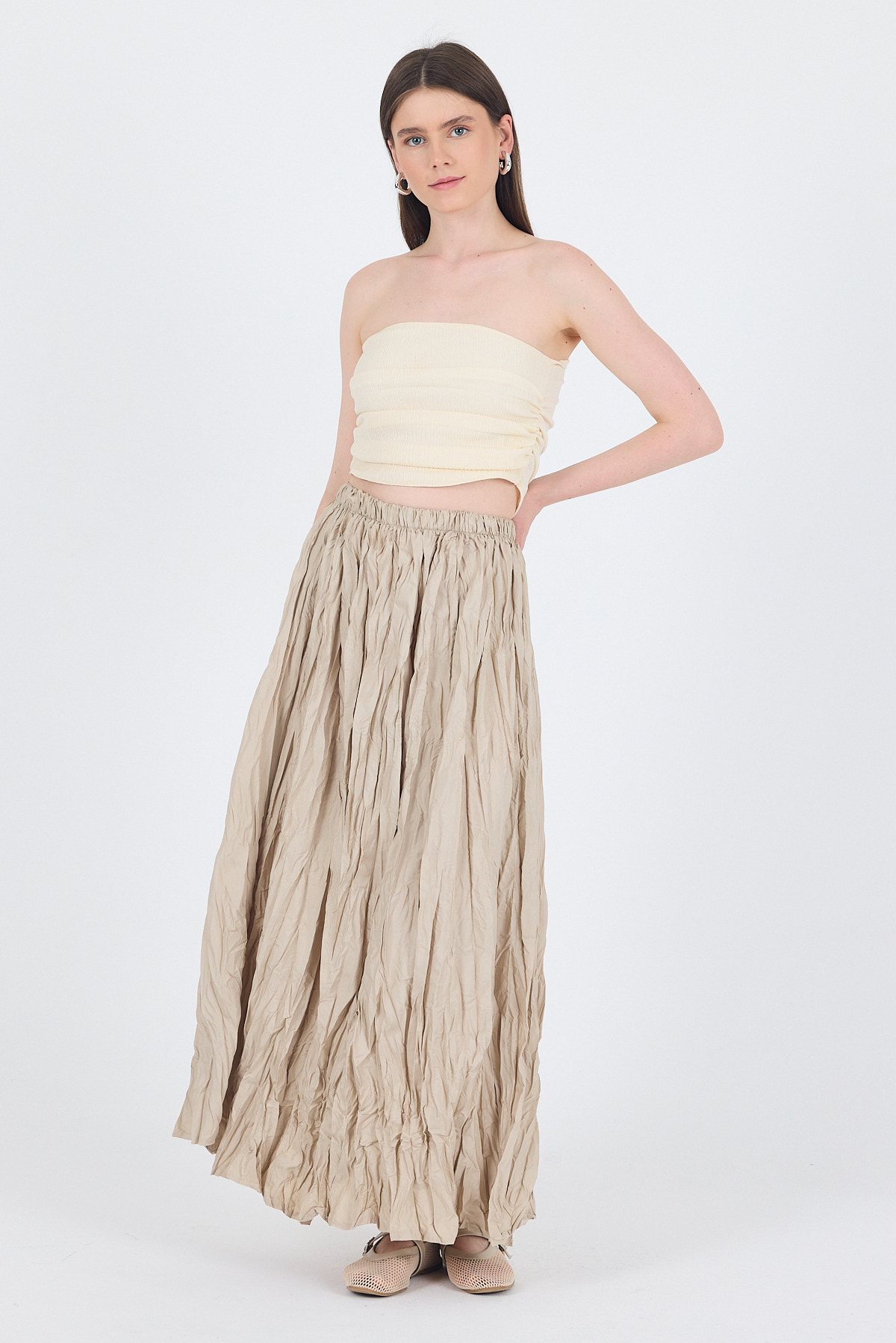 Taş Bel Lastikli Kırışık Kumaş Etek 3483 - 3