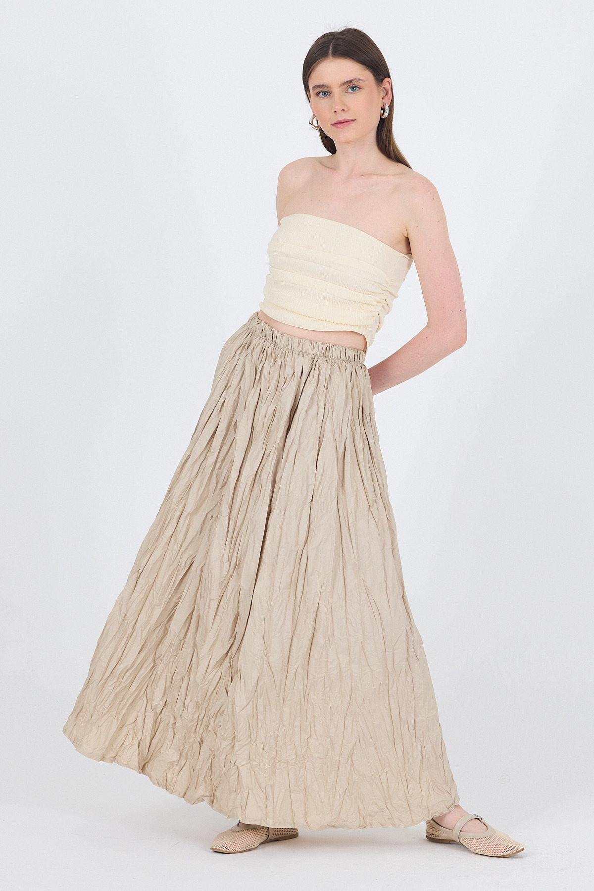 Taş Bel Lastikli Kırışık Kumaş Etek 3483 - 1