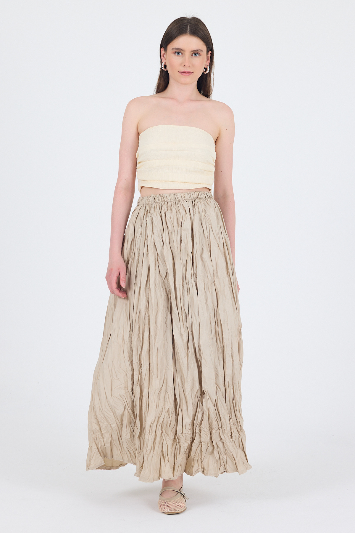 Taş Bel Lastikli Kırışık Kumaş Etek 3483 - 2