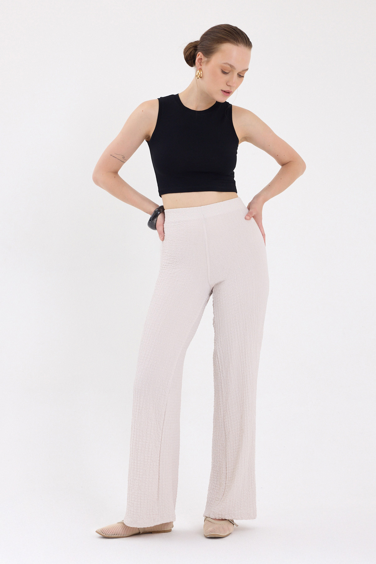 Taş Bol Paça Bel Lastikli Bürümcük Kumaş Pantolon 2466 - RAYS