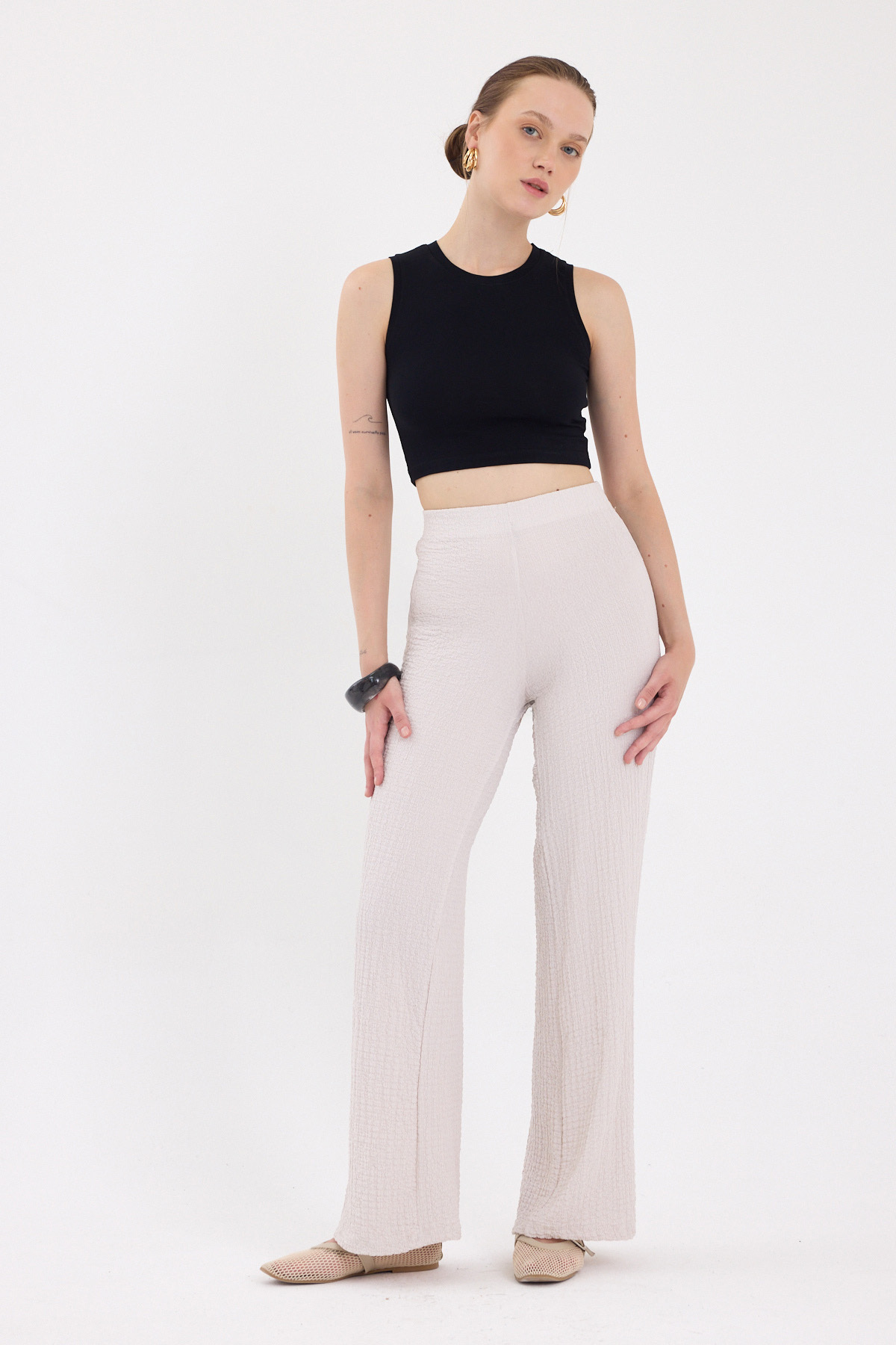 Taş Bol Paça Bel Lastikli Bürümcük Kumaş Pantolon 2466 - 1