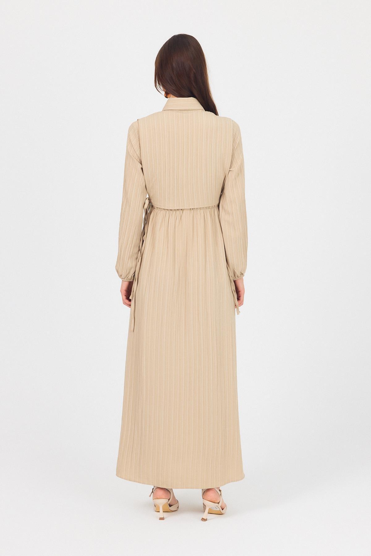 Taş Çift Kullanımlı Çıkma Yakalı Dokuma Elbise 4652A - 5