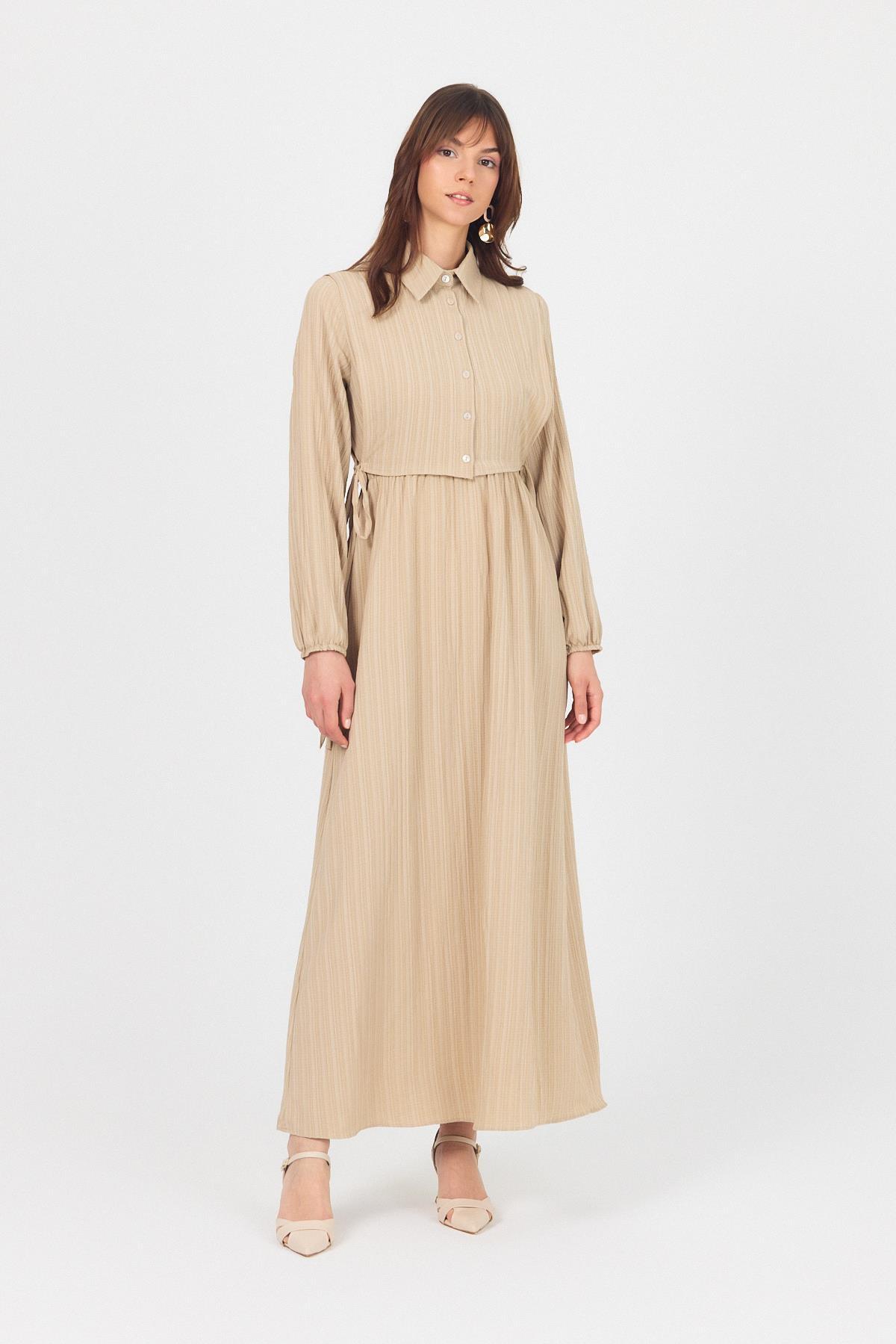 Taş Çift Kullanımlı Çıkma Yakalı Dokuma Elbise 4652A 