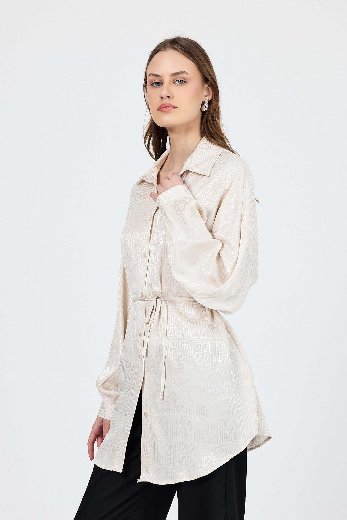Taş Desenli Saten Görünümlü İp Bağlama Detaylı Gömlek 4293A - 3