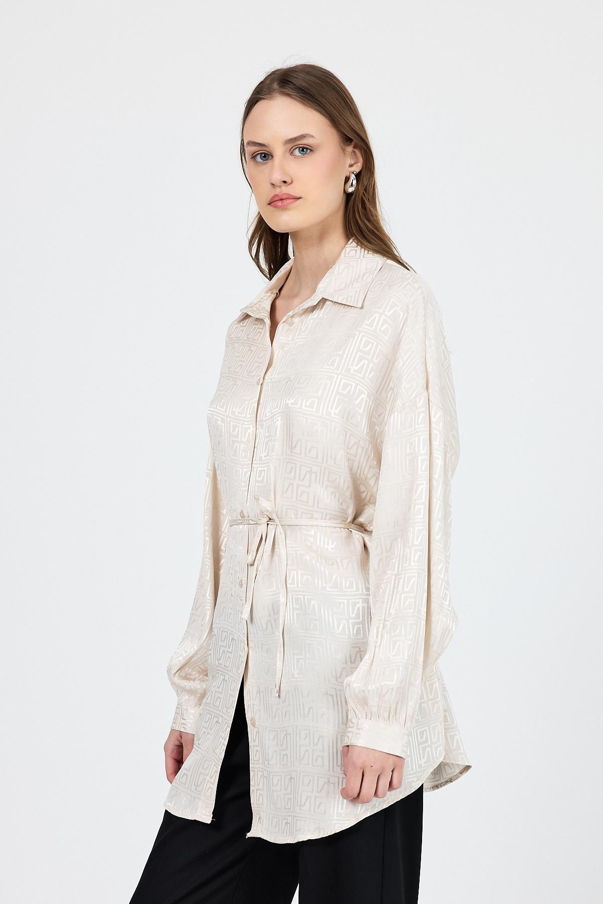 Taş Desenli Saten Görünümlü İp Bağlama Detaylı Gömlek 4293A - 7