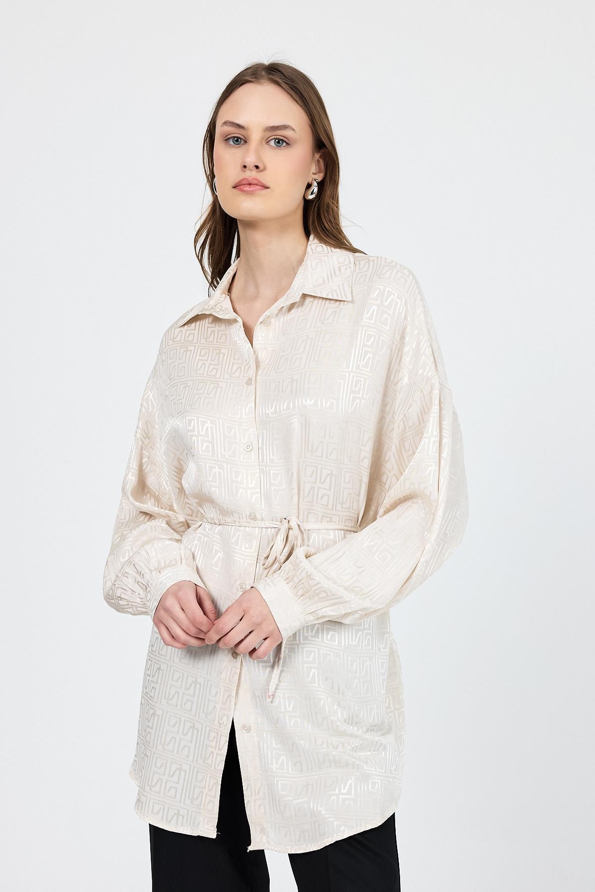 Taş Desenli Saten Görünümlü İp Bağlama Detaylı Gömlek 4293A 