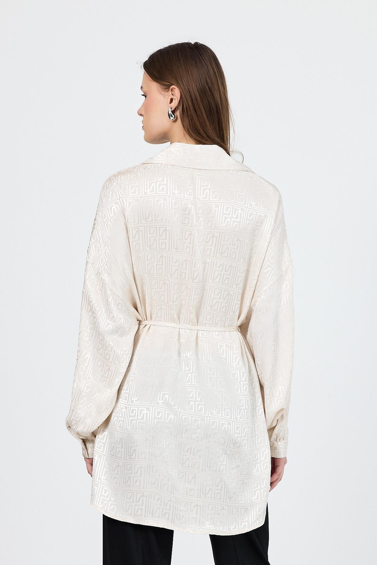 Taş Desenli Saten Görünümlü İp Bağlama Detaylı Gömlek 4293A - 5