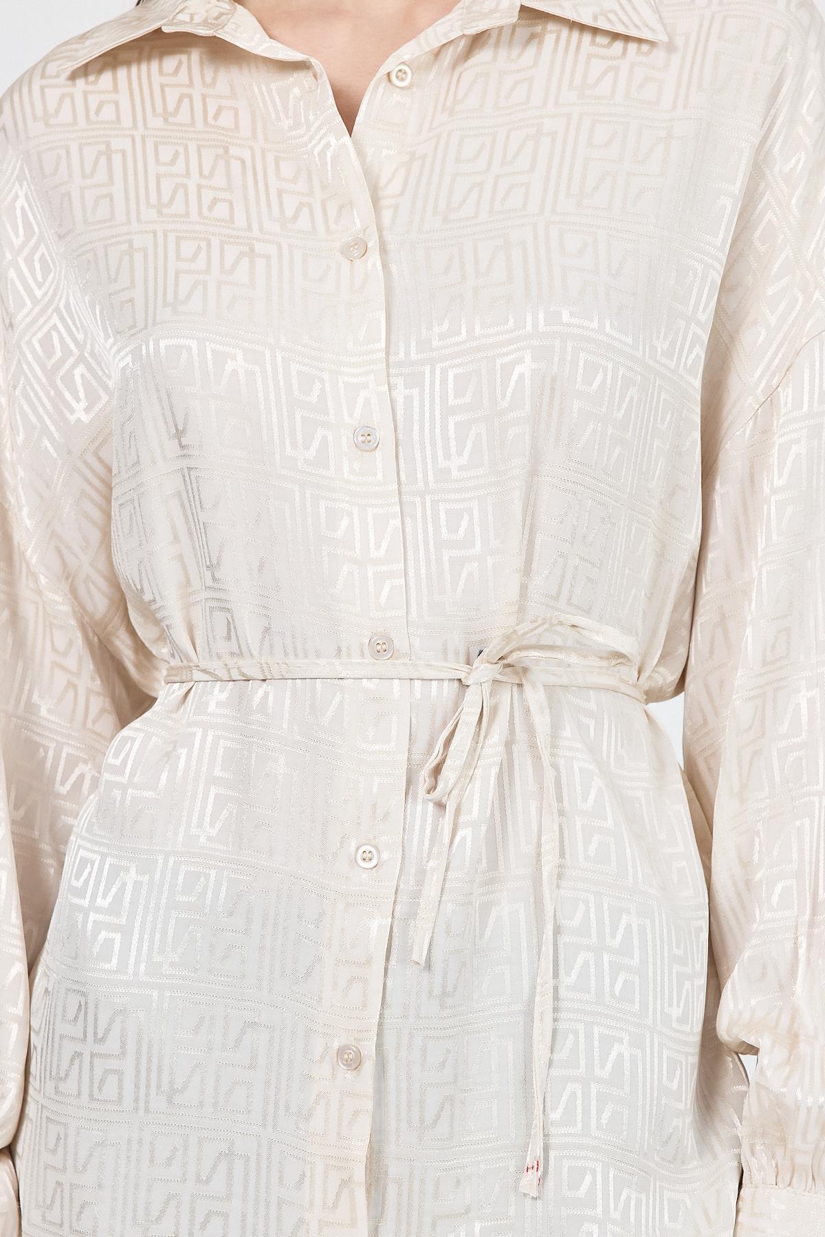 Taş Desenli Saten Görünümlü İp Bağlama Detaylı Gömlek 4293A - 6