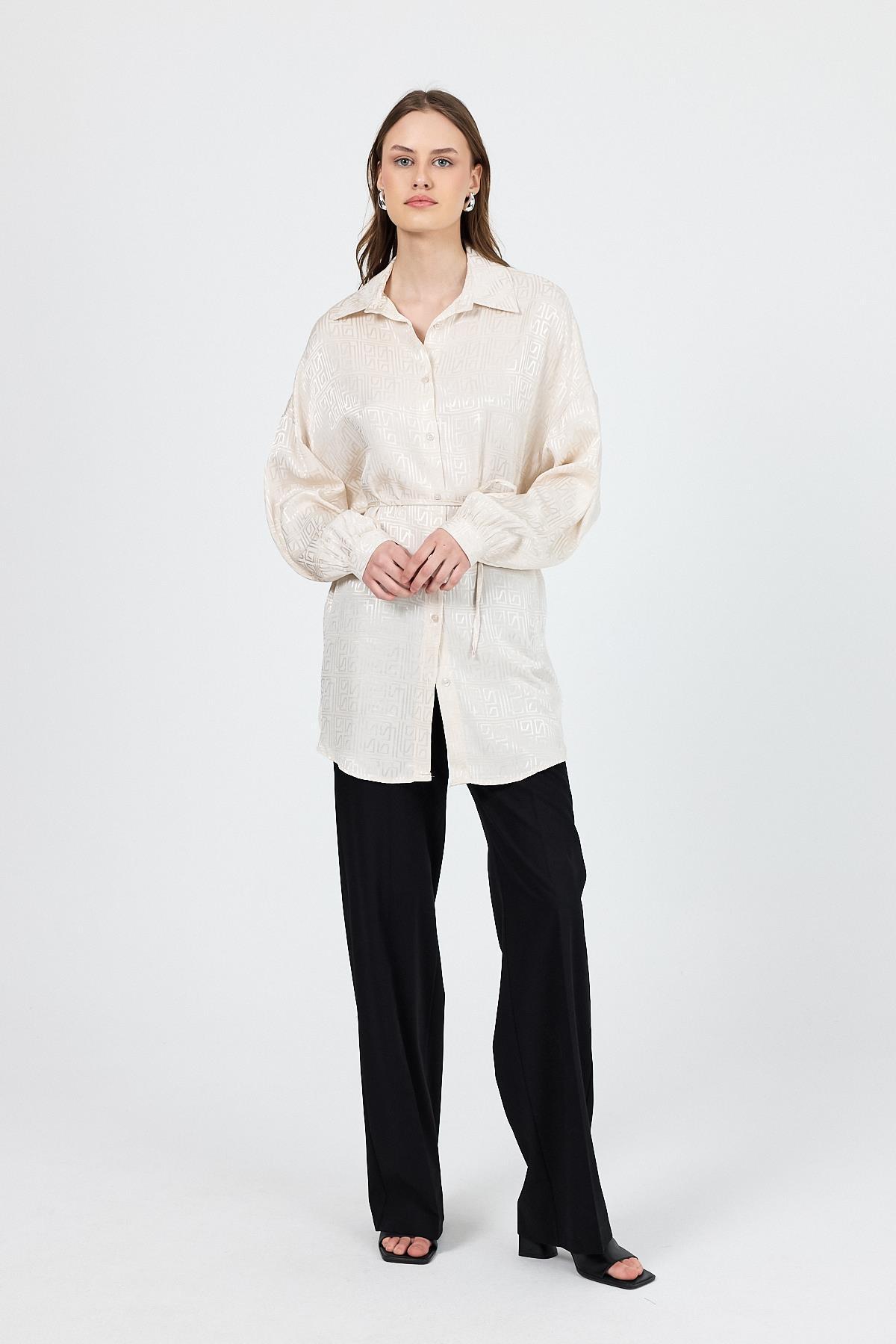 Taş Desenli Saten Görünümlü İp Bağlama Detaylı Gömlek 4293A - 8