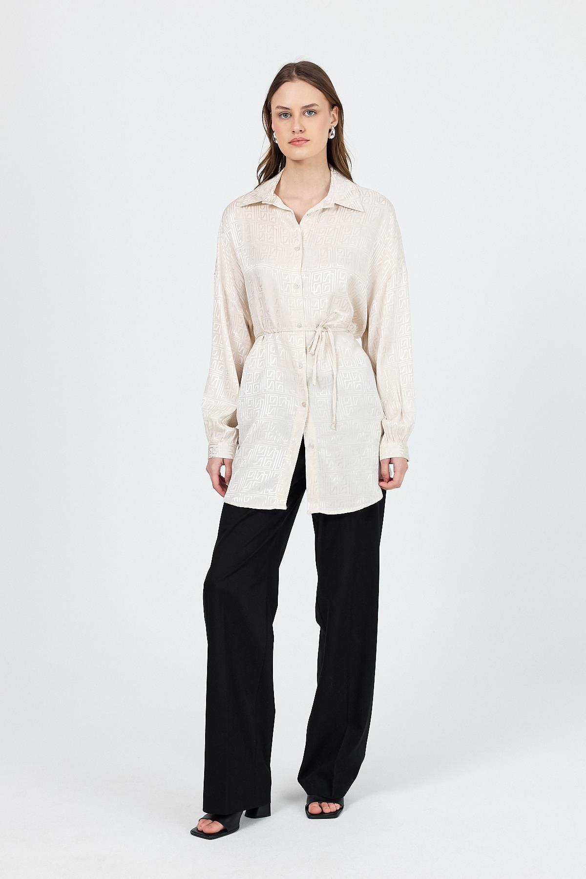 Taş Desenli Saten Görünümlü İp Bağlama Detaylı Gömlek 4293A - 2