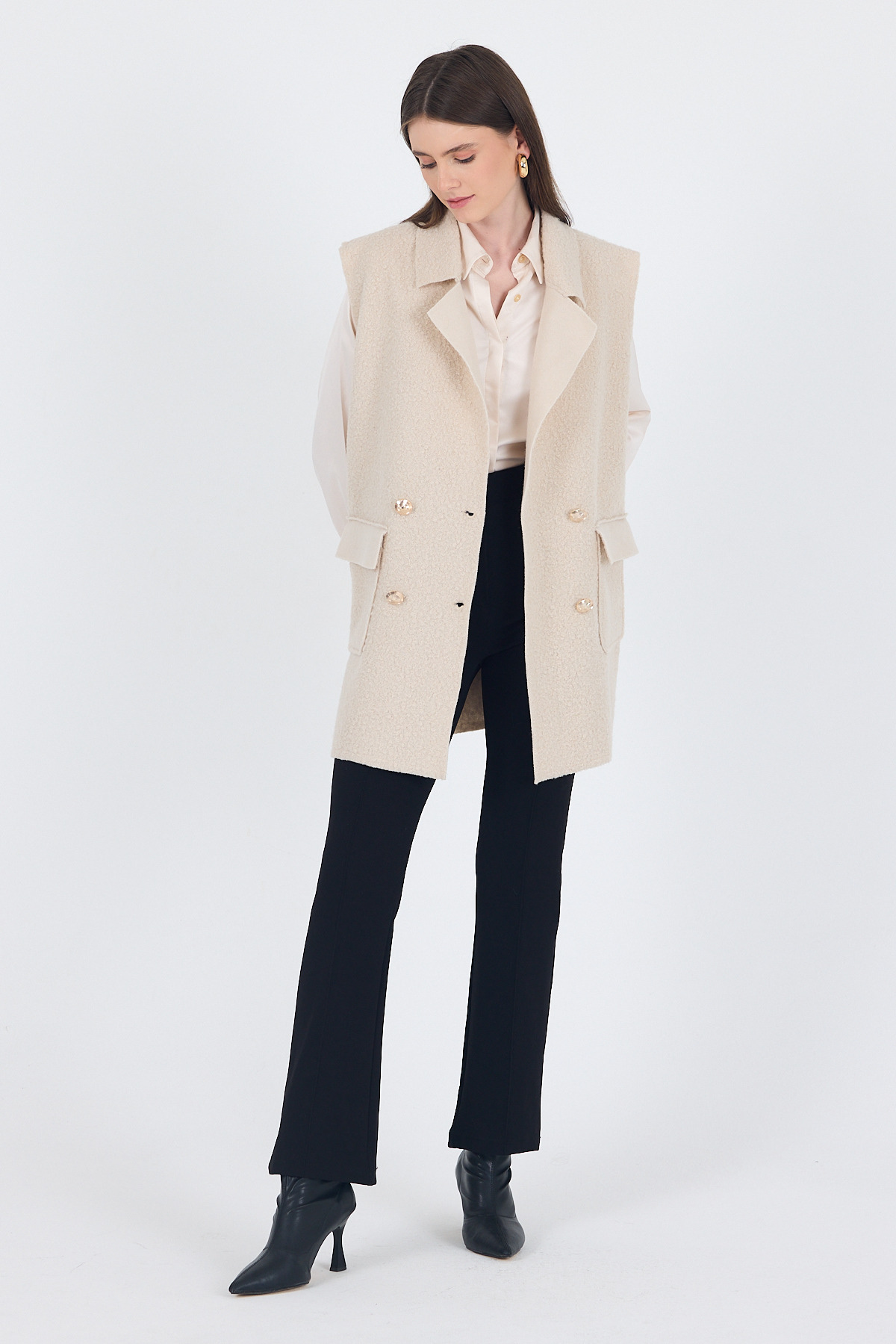 Taş Düğme Detaylı Buklet Yelek 3016A - 3