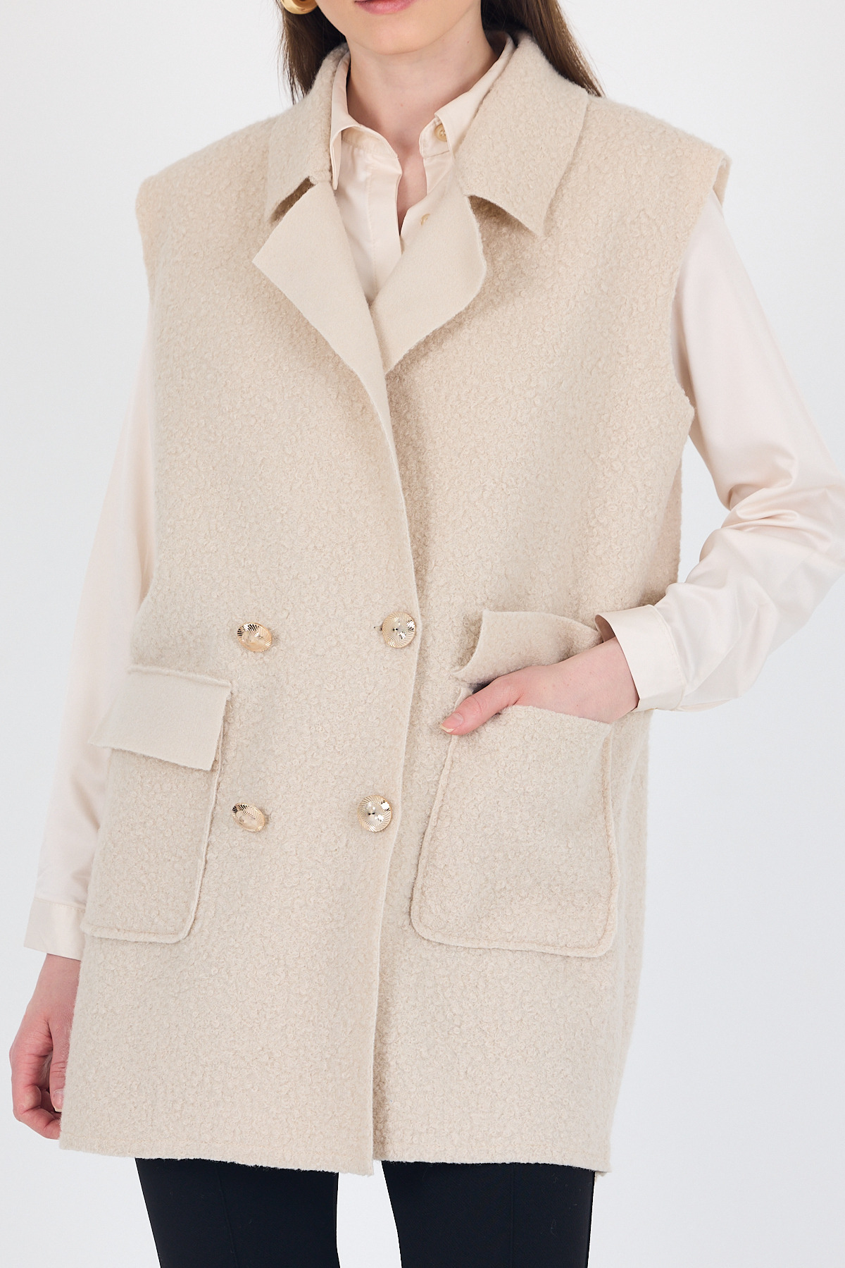 Taş Düğme Detaylı Buklet Yelek 3016A - 5