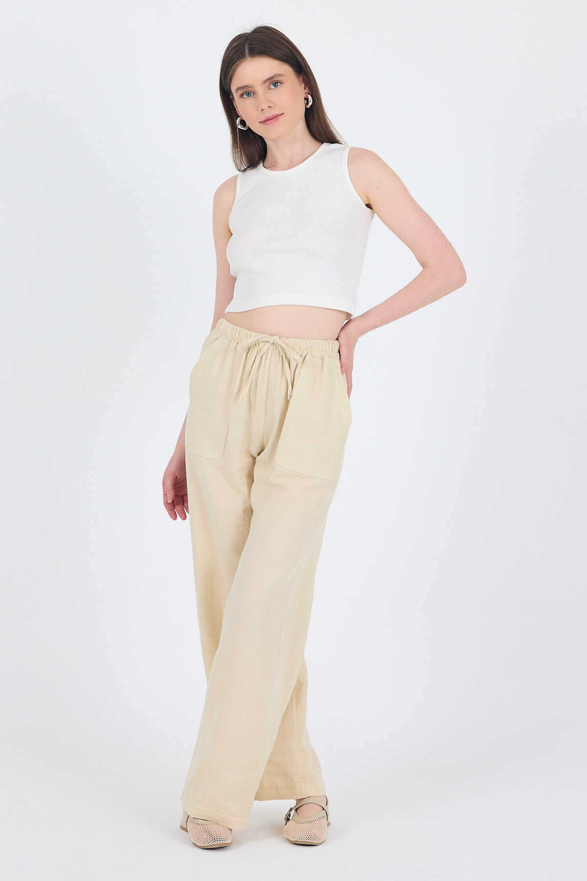 Taş Keten Görünümlü %100 Pamuk Cepli Bol Paça Pantolon 8054A - 3